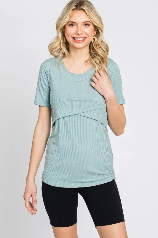 Nursing bras with a focus on ease of use for mothers with twins or multiples and tandem breastfeeding during postpartum-Mint Green Ribbed Wrap Front Nursing Top Nursing bras with a focus on ease of use for mothers with twins or multiples and tandem breastfeeding during postpartum-Mint Green Ribbed Wrap Front Nursing Top