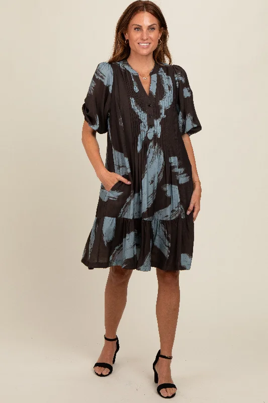 Nursing bras with a focus on style and fashion for everyday wear and casual outings-Mocha Abstract Print Button Up Midi Dress