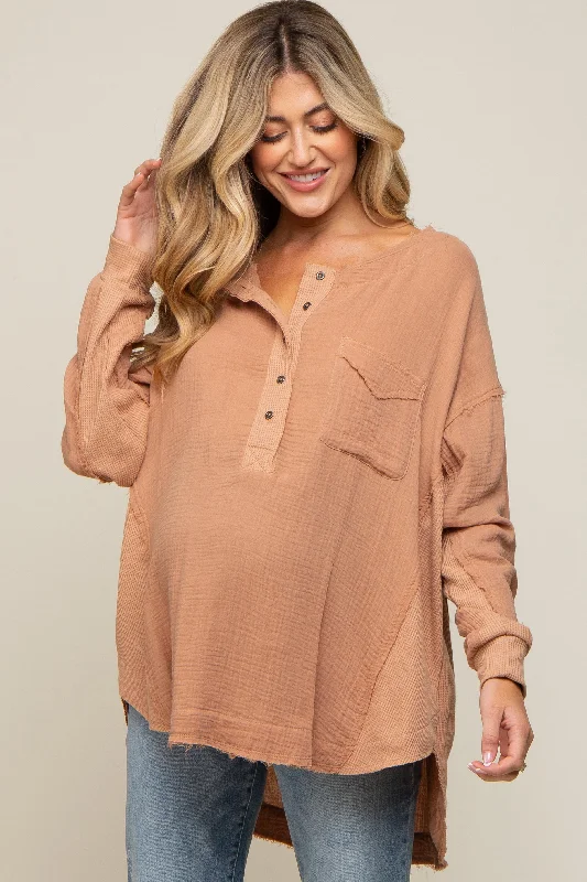 Maternity bras designed for women with sensitive breasts during postpartum recovery and breastfeeding-Mocha Lightweight Button Front Maternity Tunic Maternity bras designed for women with sensitive breasts during postpartum recovery and breastfeeding-Mocha Lightweight Button Front Maternity Tunic