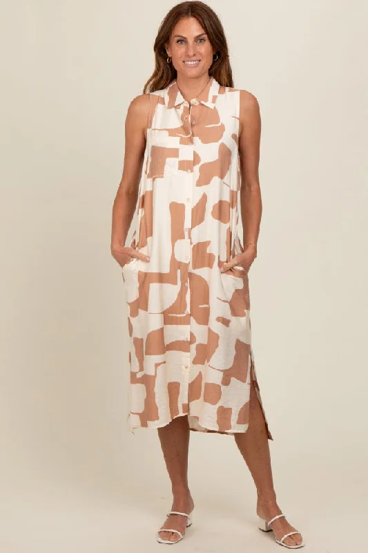 Nursing bras with a focus on comfort during long walks and strolls with a stroller-Mocha Printed Button Down Collared Midi Dress