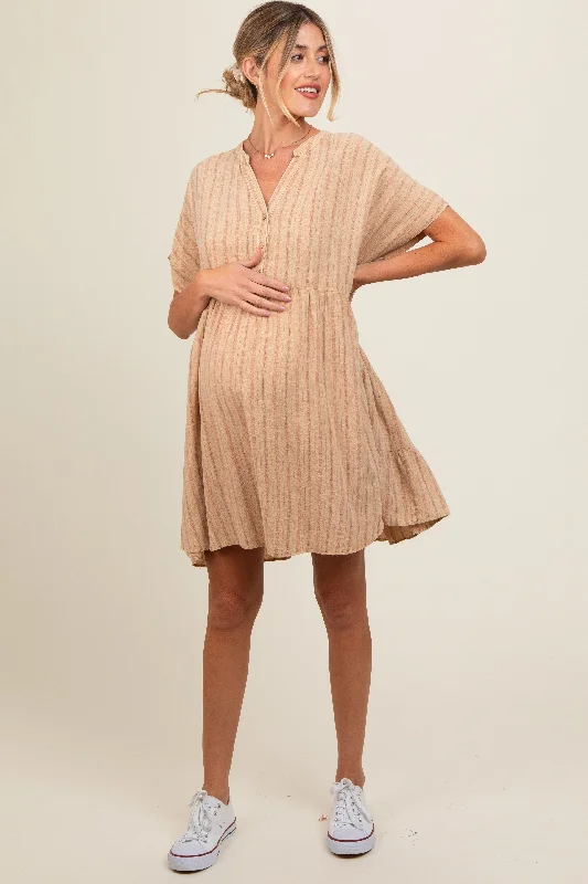 Maternity bras with a wide range of sizes available-Mocha Striped Button Front Maternity Dress