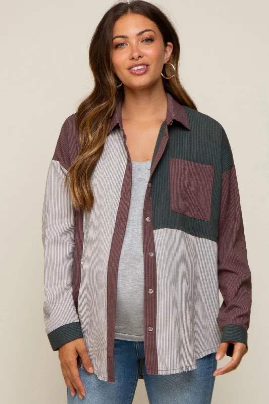 Nursing bras with a focus on ease of use for mothers with twins or multiples and tandem breastfeeding-Multi-Color Striped Color Blocked Button-Down Maternity Top