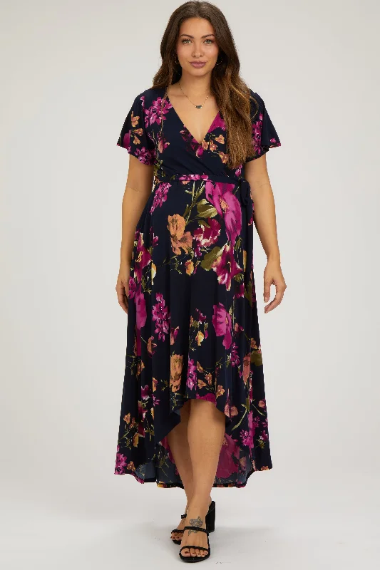 Nursing bras with a focus on ease of use for mothers with newborns and sleep deprivation-Navy Blue Floral Print Wrap Front V-Neck Hi-Low Maternity Midi Dress