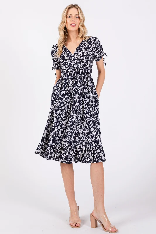 Maternity bras with a focus on durability and longevity-Navy Blue Floral Wrap Midi Dress