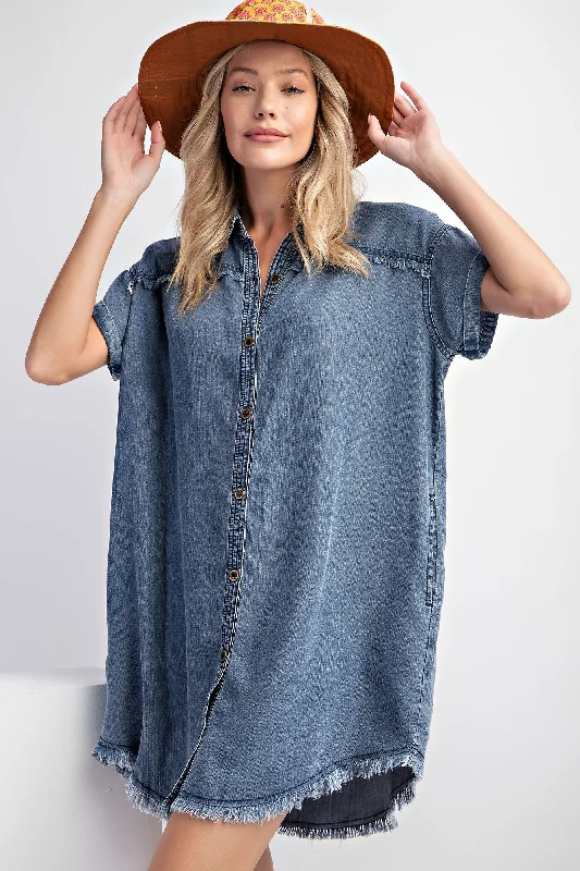 Maternity bras designed for women with sensitive nipples and support-Navy Chambray Frayed Button Down Dress