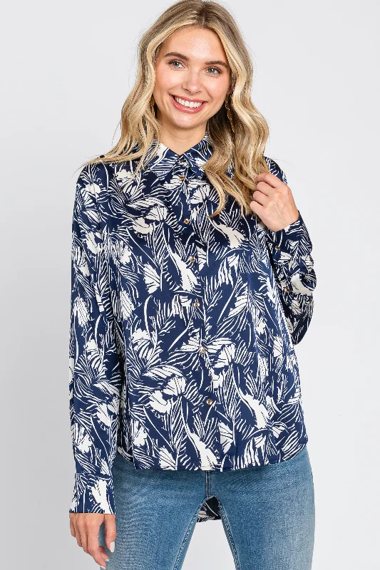 Nursing bras with a focus on comfort during long walks and strolls with a stroller during breastfeeding-Navy Leaf Print Satin Button Up Blouse Nursing bras with a focus on comfort during long walks and strolls with a stroller during breastfeeding-Navy Leaf Print Satin Button Up Blouse
