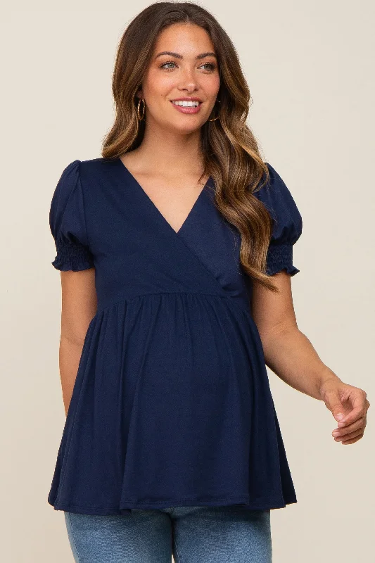 Nursing bras with a focus on style and fashion for special occasions and events-Navy Puff Sleeve Crossover Maternity/Nursing Top Nursing bras with a focus on style and fashion for special occasions and events-Navy Puff Sleeve Crossover Maternity/Nursing Top
