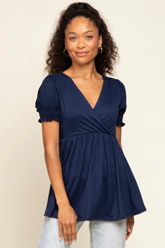 Maternity bras suitable for women with sensitive skin and allergies during postpartum recovery and breastfeeding-Navy Puff Sleeve Crossover Nursing Top Maternity bras suitable for women with sensitive skin and allergies during postpartum recovery and breastfeeding-Navy Puff Sleeve Crossover Nursing Top