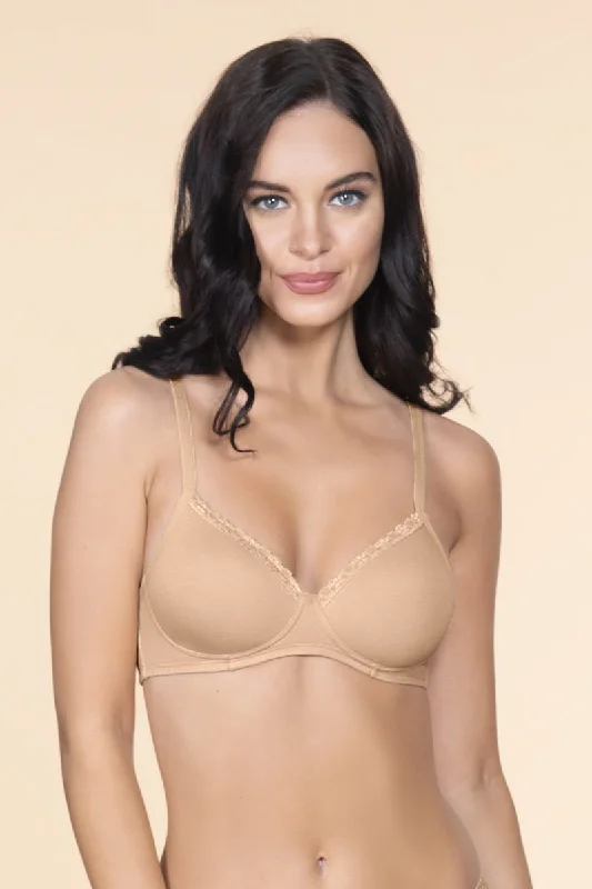 Cotton bras for comfort and breathability-Cotton Casuals Padded Non-Wired Lace T-Shirt Bra - Nude
