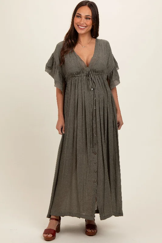 Nursing bras with a focus on style and fashion for casual outings and everyday wear during breastfeeding-Olive Deep V-Neck Button Down Maternity Maxi Dress Nursing bras with a focus on style and fashion for casual outings and everyday wear during breastfeeding-Olive Deep V-Neck Button Down Maternity Maxi Dress