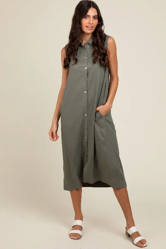 Nursing bras with a focus on style and fashion for special occasions and events during breastfeeding-Olive Linen Button Down Midi Dress