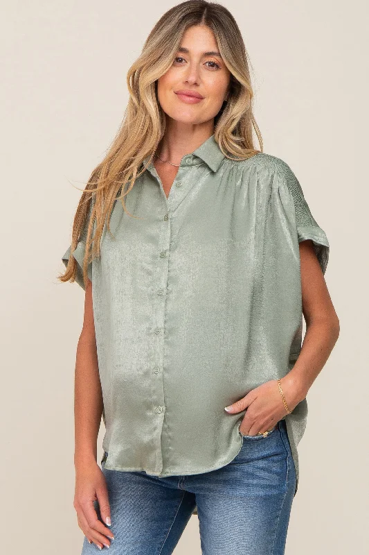 Nursing bras with a focus on comfort during long drives and road trips with a baby-Olive Satin Button Down Smocked Accent Maternity Top Nursing bras with a focus on comfort during long drives and road trips with a baby-Olive Satin Button Down Smocked Accent Maternity Top