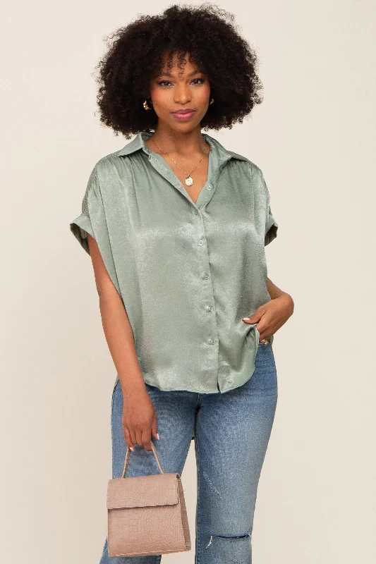 Nursing bras with a focus on style and fashion for special occasions and events during breastfeeding-Olive Satin Button Down Smocked Accent Top Nursing bras with a focus on style and fashion for special occasions and events during breastfeeding-Olive Satin Button Down Smocked Accent Top