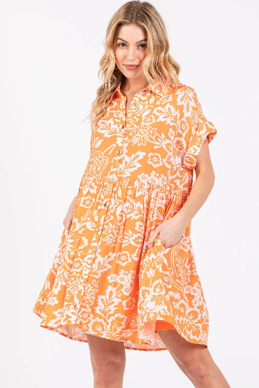 Nursing bras with a focus on style and fashion for casual outings and everyday wear-Orange Floral Button Front Collared Dress Nursing bras with a focus on style and fashion for casual outings and everyday wear-Orange Floral Button Front Collared Dress