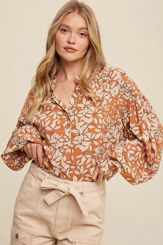 Nursing bras with a focus on support and stability during physical activities and outdoor sports during breastfeeding-Orange Leaf Print Button Up Top