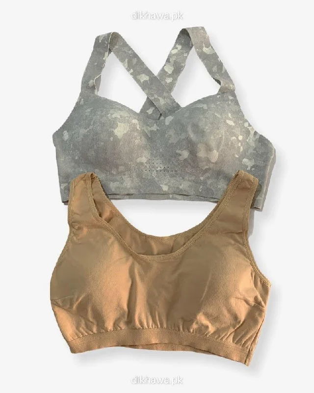 Wireless bras with a focus on comfort during rebalancing living routines-Pack Of 2 - Impact Padded Sports Bra With Mesh Panels Ladies Jogging Bra Imported Stocklot Branded Sports Bra