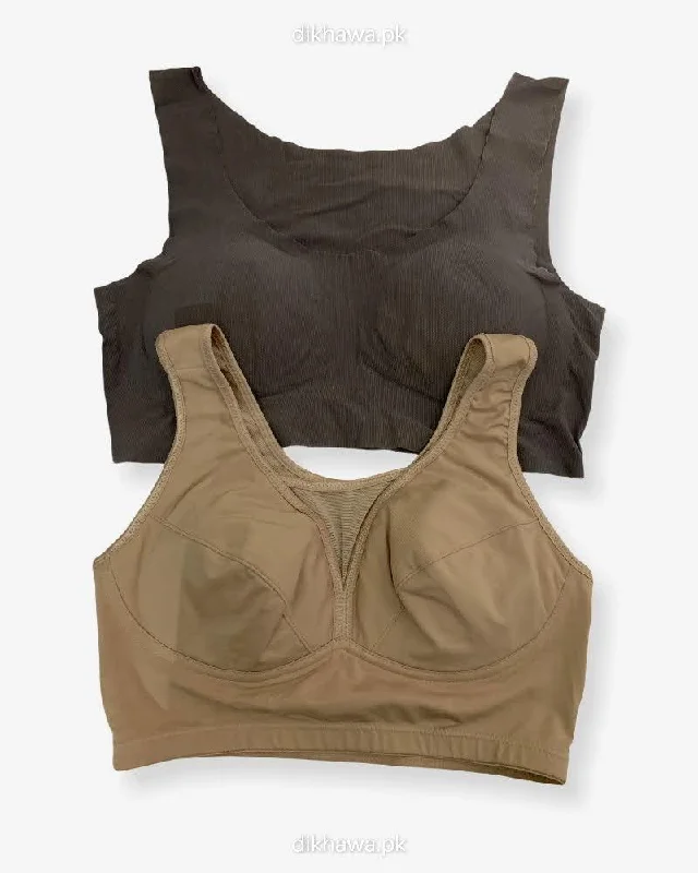 Wireless bras with breathable fabric-Pack Of 2 - Non  Padded Non-Wired Racerback Sports Bra Ladies Jogging Bra Imported Stocklot Branded Sports Bra