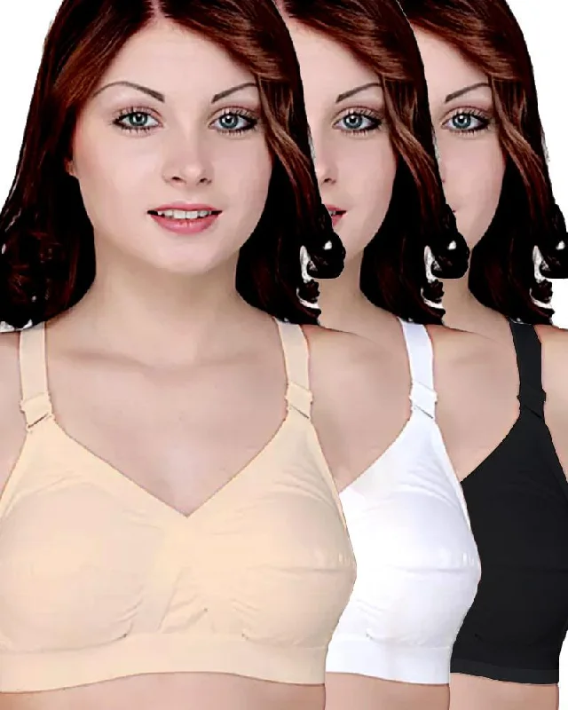 Soft cup bras for women who value comfort during strength exercises for muscle growth-Pack of 3 - Basic Bra - Black, Skin & White  - Cotton Bra - Non Padded Bra - Non Wired Bra