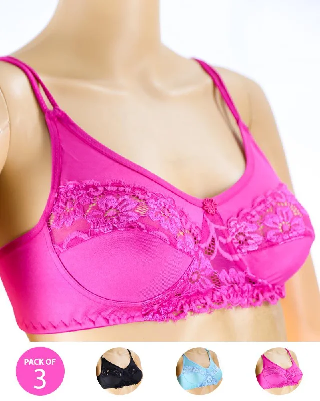 Non wired bras for women who need a comfortable fit for core exercises for stability-Pack of 3 - Madam Bra - BOE - Non Padded, Non Wired Bra, Soft Jersey Cotton Lace Bra