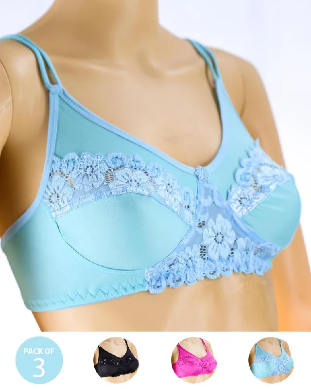 Soft cup bras for women who value comfort during balance exercises for core strength-Pack of 3 - Madam Bra - BOE - Non Padded, Non Wired Bra, Soft Jersey Cotton Lace Bra