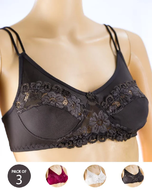 Non wired bras for women who prefer a comfortable fit for flexibility exercises for balance-Pack of 3 - Madam Bra - BOE - Non Padded, Non Wired Bra, Soft Jersey Cotton Lace Bra