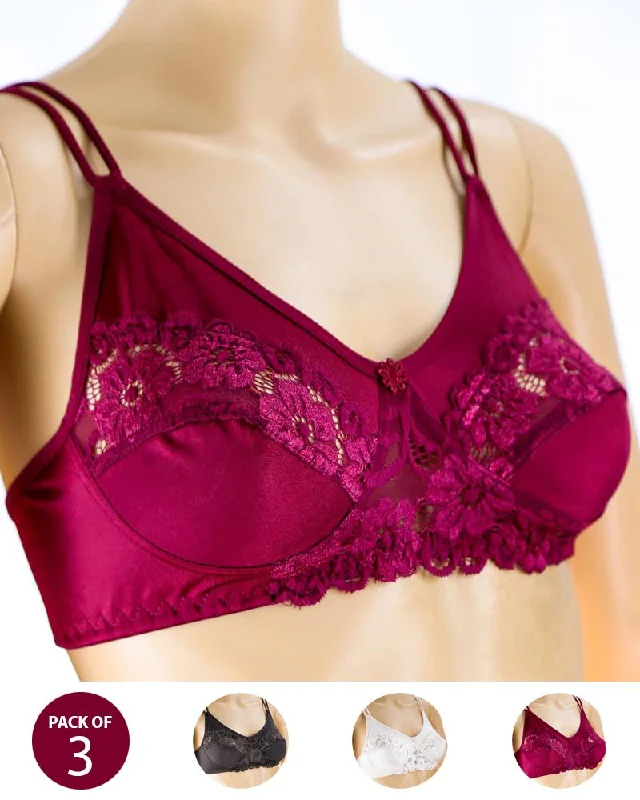 Wireless bras with a focus on comfort during stretching exercises for flexibility and relaxation-Pack of 3 - Madam Bra - BOE - Non Padded, Non Wired Bra, Soft Jersey Cotton Lace Bra