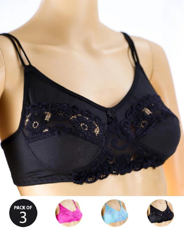 Wireless bras with a focus on comfort during flexibility training for agility-Pack of 3 - Madam Bra - BOE - Non Padded, Non Wired Bra, Soft Jersey Cotton Lace Bra