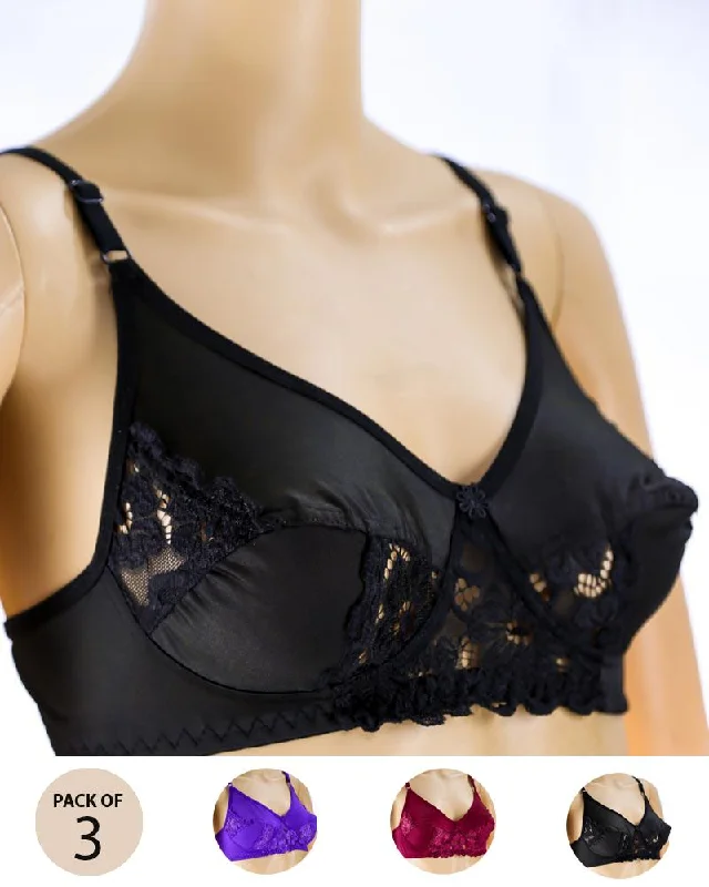 Non wired bras for women who prioritize comfort during agility exercises for speed-Pack of 3 - Madam Bra - JOY - Non Padded, Non Wired Bra, Soft Jersey Cotton Lace Bra