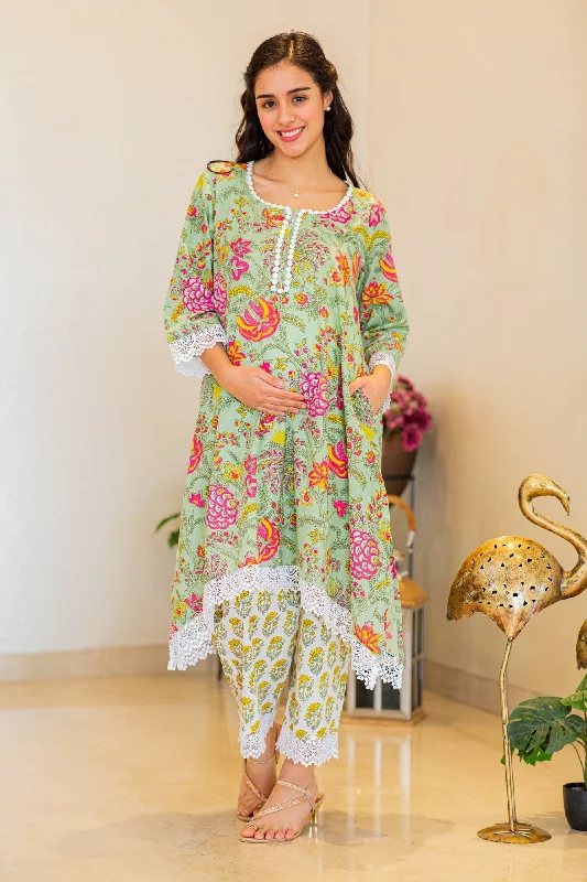 Nursing bras with a focus on comfort during long walks and strolls-Peaceful Daffodil Apple Green Maternity Kurta + Bump Band Bottom (100% Cotton) (2 pc)