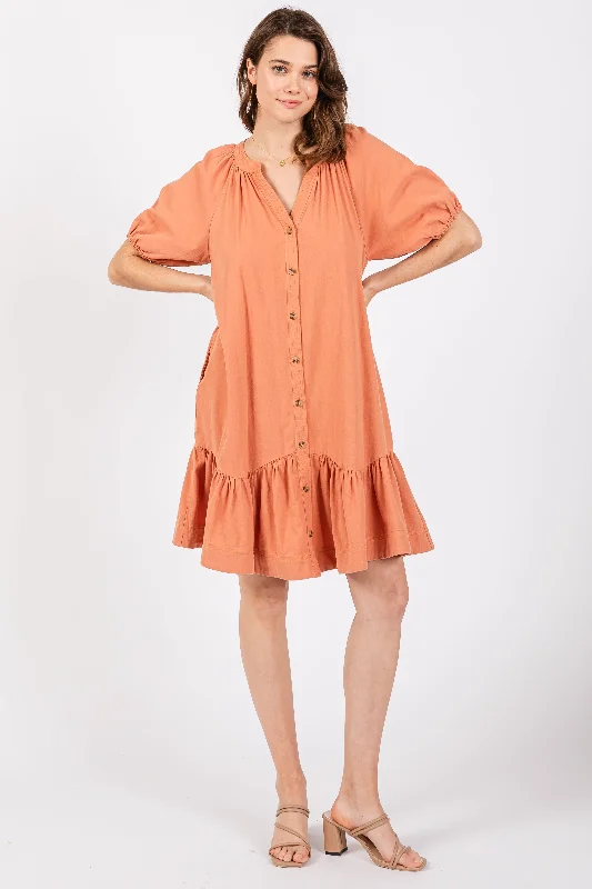 Nursing bras with a focus on style and fashion for formal events and special occasions during breastfeeding-Peach Button Front Short Puff Sleeve Dress Nursing bras with a focus on style and fashion for formal events and special occasions during breastfeeding-Peach Button Front Short Puff Sleeve Dress