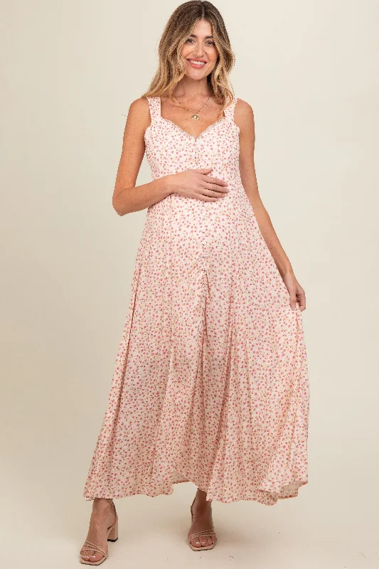Nursing bras with a focus on style and fashion for casual outings and everyday wear during breastfeeding-Peach Floral Button Down Maternity Maxi Dress