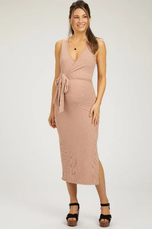 Nursing bras suitable for women with sensitive nipples and support-Peach Rib Knit Side Tie Maternity Midi Dress