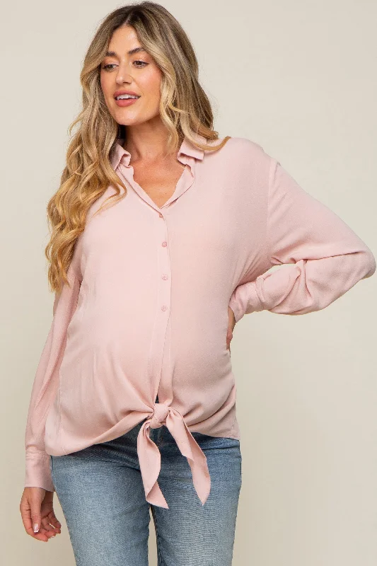 Maternity bras designed for women with sensitive breasts during postpartum recovery and breastfeeding-Pink Collared Button Down Knotted Maternity Shirt Maternity bras designed for women with sensitive breasts during postpartum recovery and breastfeeding-Pink Collared Button Down Knotted Maternity Shirt