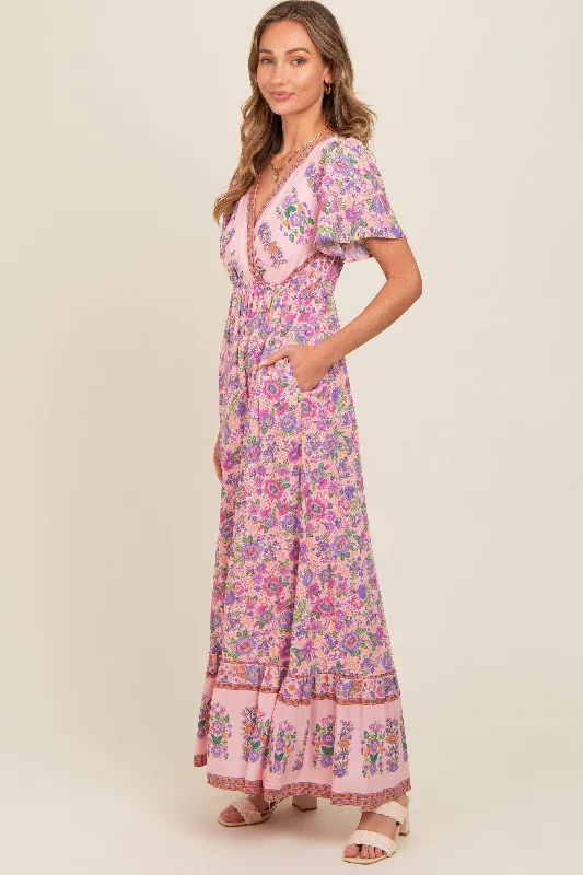 Nursing bras with a minimalist design for everyday wear-Pink Floral Border Printed Woven Short Sleeve V-Neck Maxi Dress