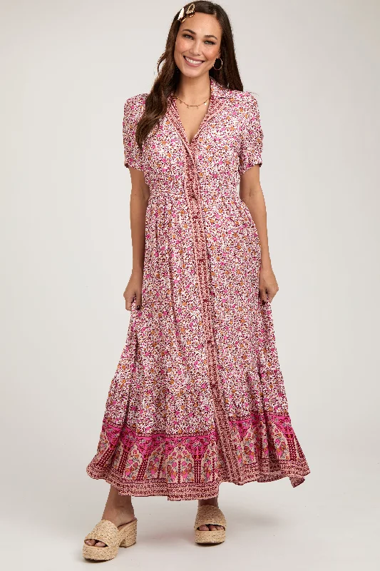 Nursing bras with a soft, stretchy material for flexibility-Pink Floral Button Up Maternity Midi Dress