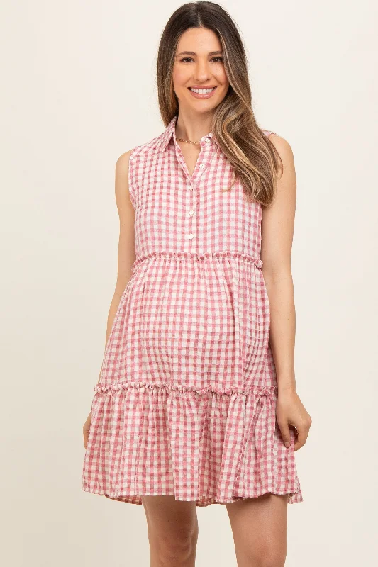 Maternity bras designed for women with sensitive nipples and support during postpartum recovery and breastfeeding-Pink Gingham Button Front Collared Maternity Dress Maternity bras designed for women with sensitive nipples and support during postpartum recovery and breastfeeding-Pink Gingham Button Front Collared Maternity Dress