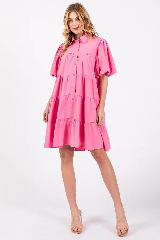 Nursing bras with a focus on style and fashion for casual outings and everyday wear during breastfeeding-Pink Puff Sleeve Mini Shirt Dress Nursing bras with a focus on style and fashion for casual outings and everyday wear during breastfeeding-Pink Puff Sleeve Mini Shirt Dress
