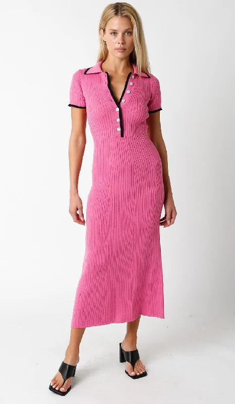 Nursing bras with a focus on flexibility and adjustability during body changes-Pink Ribbed Knit Collared Button Front Dress