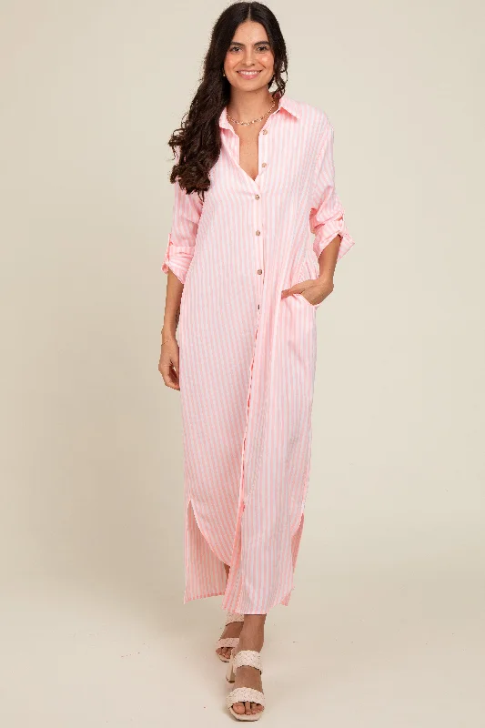 Maternity bras for sensitive breasts during pregnancy-Pink Striped Button Down Maxi Dress