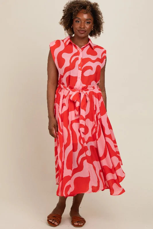 Nursing bras with a focus on ease of cleaning and maintenance-Red Abstract Print Collared Belted Dress