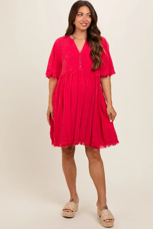 Maternity bras with a focus on comfort during hot weather and summer months-Red Button Front Frayed Maternity Dress