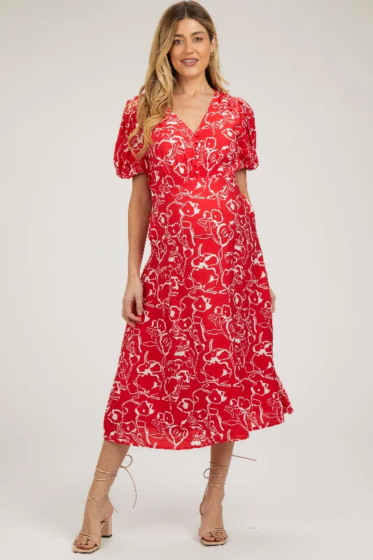 Maternity bras that are designed for women with back pain and support during breastfeeding-Red Floral Button Front Short Sleeve Maternity Midi Dress