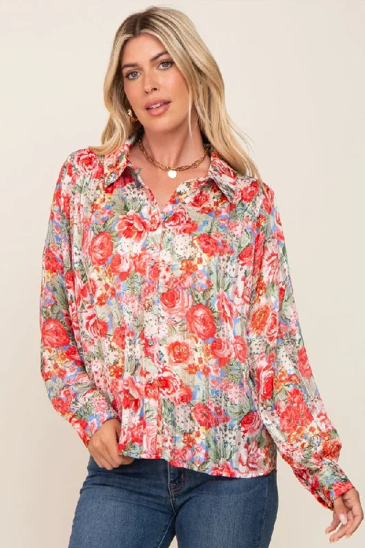 Maternity bras suitable for women with sensitive skin and allergies during postpartum recovery and breastfeeding-Red Floral Semi Sheer Shimmer Blouse Maternity bras suitable for women with sensitive skin and allergies during postpartum recovery and breastfeeding-Red Floral Semi Sheer Shimmer Blouse