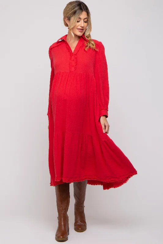 Maternity bras with a focus on comfort during air travel and flights-Red Fringe Maternity Midi Dress