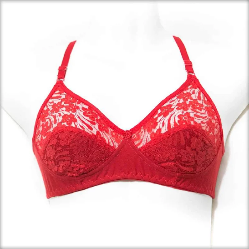 Wireless bras with a focus on comfort during fitness training for overall health-Red Non Padded Net Bra