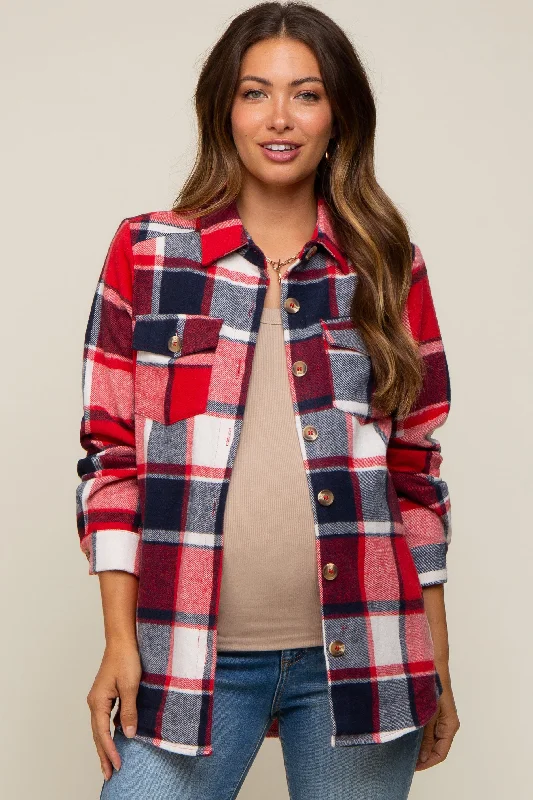 Maternity bras that are designed for extended breastfeeding periods and support during postpartum-Red Plaid Maternity Shirt Jacket
