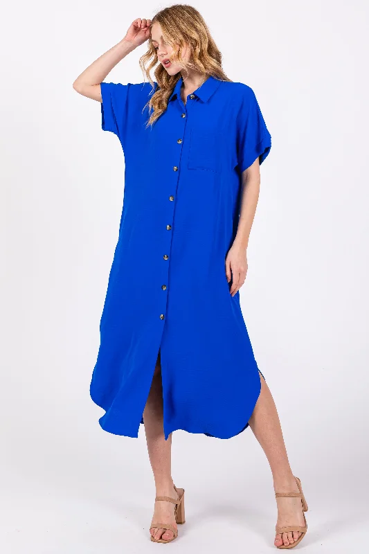 Maternity bras suitable for women with back problems and support during postpartum recovery and breastfeeding-Royal Blue Button Down Front Pocket Midi Dress Maternity bras suitable for women with back problems and support during postpartum recovery and breastfeeding-Royal Blue Button Down Front Pocket Midi Dress