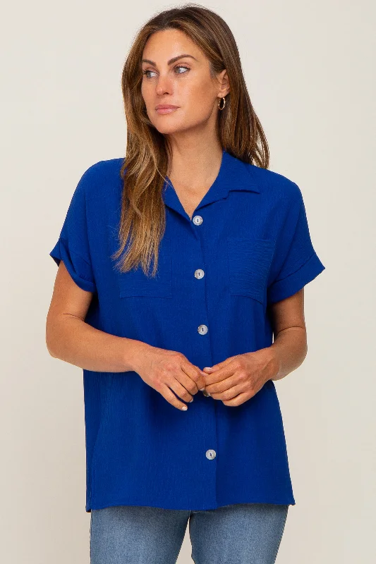 Maternity bras that are designed for extended breastfeeding periods-Royal Blue Collared Button-Down Short Sleeve Blouse
