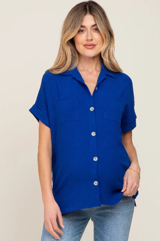 Maternity bras designed for women with different body types and shapes during postpartum recovery and breastfeeding-Royal Blue Collared Button-Down Short Sleeve Maternity Blouse Maternity bras designed for women with different body types and shapes during postpartum recovery and breastfeeding-Royal Blue Collared Button-Down Short Sleeve Maternity Blouse