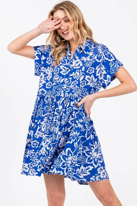 Maternity bras that are designed for extended breastfeeding periods and support during postpartum recovery-Royal Blue Floral Button Front Collared Dress